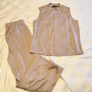 SAMPEEL Two Piece Set Lounge Set Mock Neck Top Wilde Leg Crop Pants Taupe M